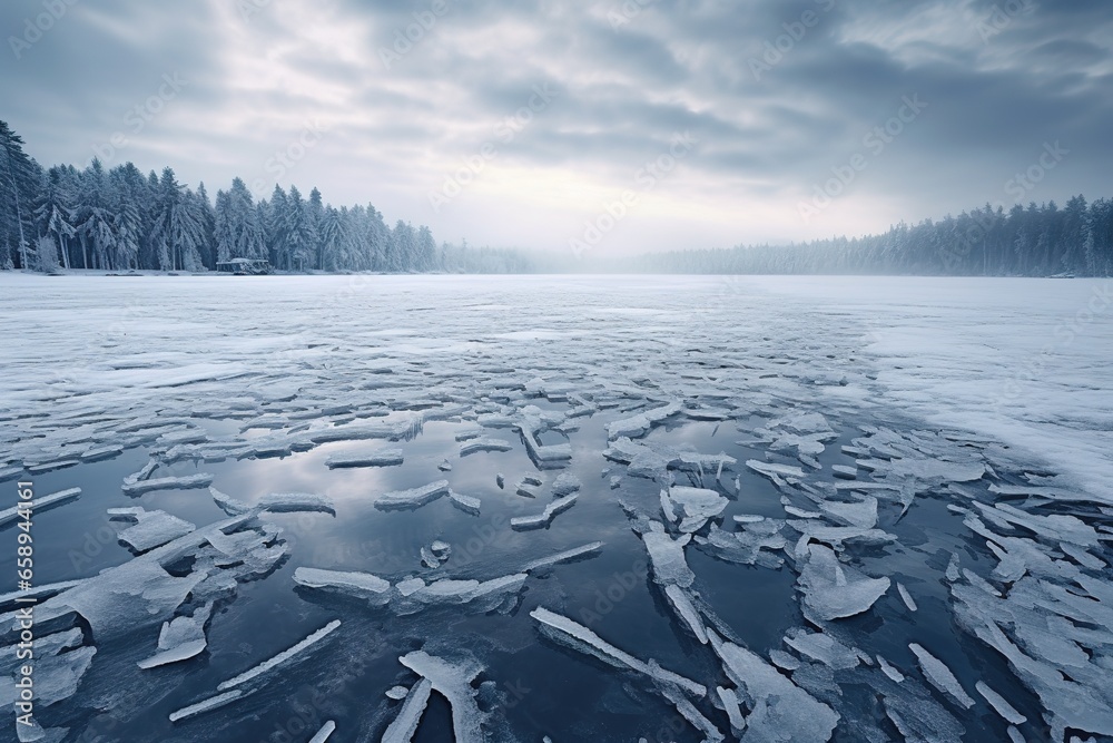 Poster frozen lake in snowy forest