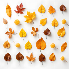 Autumn leaves pattern on white background, natural layout, small leaves, yellow, brown, orange colors, flat lay