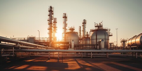 Naklejka premium Oil refinery plant at dusk, view of oil and gas petrochemical industrial. Network of steel pipelines at Refinery factory