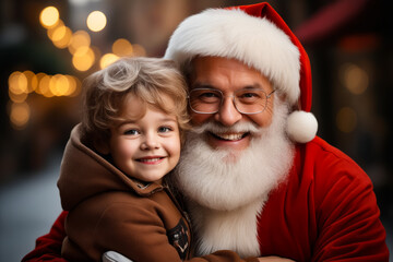 Fototapeta na wymiar Little girl hugging santa claus on the cheek of his father.