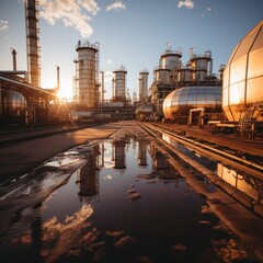 Fototapeta premium Oil refinery plant at dusk, view of oil and gas petrochemical industrial. Network of steel pipelines at Refinery factory