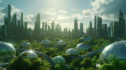 Futuristic solar sphere in green megacity on eco-friendly sci-fi landscape - obrazy, fototapety, plakaty
