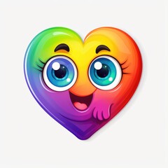 A rainbow colored heart with big eyes on a white background. Digital art. Cute rainbow sticker.