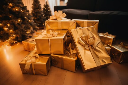 a photo of a big pile of gold christmas gifts