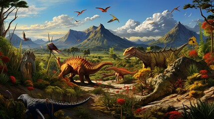Dinosaurs on a prehistoric landscape with mountains and valleys of the land before humans