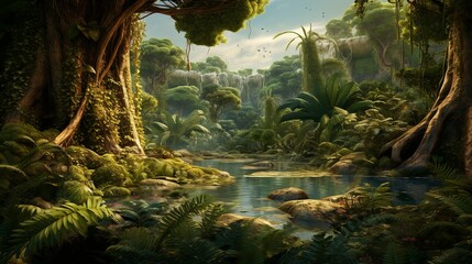 Ancient prehistoric deep forest with rivers and ferns and scale trees