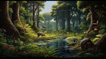 Ancient prehistoric deep forest with rivers and ferns and scale trees