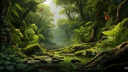 Garden poster Pistache Prehistoric forest of a long lost flora of the mesozoic era landscape with ferns and scale trees