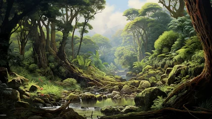 Photo sur Plexiglas Gris foncé Prehistoric forest of a long lost flora of the mesozoic era landscape with ferns and scale trees