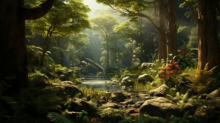 Fototapeta premium Prehistoric forest of a long lost flora of the mesozoic era landscape with ferns and scale trees