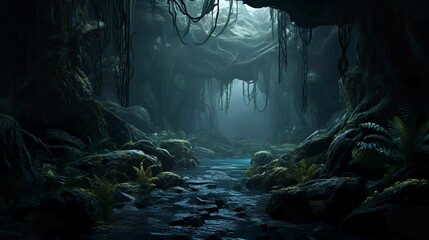 Dark prehistoric swamp landscape with dinosaurs and mesosoic flora and fauna - obrazy, fototapety, plakaty
