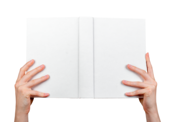 Hand holding open hardcover book, hard cover mockup, empty blank hardback mock-up isolated on white