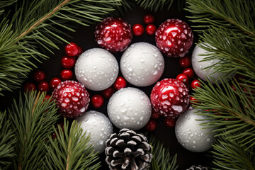 Fototapeta na wymiar Fir tree and christmas balls surrounded by snow. Generative AI