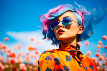 Woman with blue hair and sunglasses on sunny day.