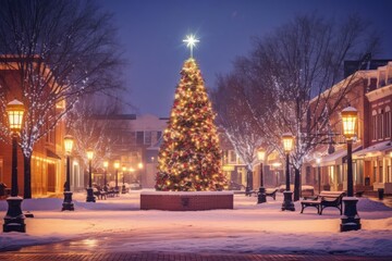 Beautiful photograph of Huge christmas tree in village square - obrazy, fototapety, plakaty