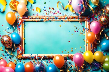 party birthday celebration concept,giftbox,balloon,confetti and streamers background copy space for text
