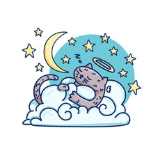 Cute illustration with fluffy angel cat on cloud. Print for children room. Illustration of kitty in sky for textile. Vector