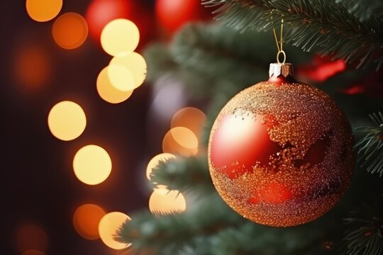 Closeup macro shoto of a christmas tree with christmas decoration