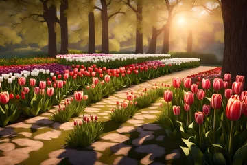 Fotobehang Step into a serene spring landscape where a row of tulip flowers graces the scene with its full bloom. The gentle sunlight illuminates the petals © usman