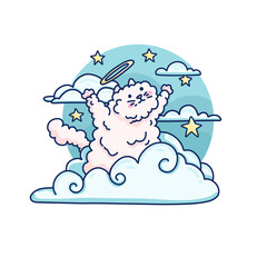 Cute illustration with fluffy angel cat on cloud. Print for children room. Illustration of kitty in sky for textile. Vector