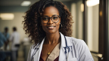 Ritratto di una dottoressa di 50 anni di origini africane in ospedale, con occhiali, medico professionale - obrazy, fototapety, plakaty