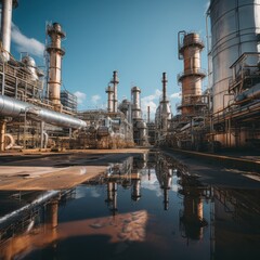 Fototapeta premium Details of industrial oil refinery plant. industrial machinery and storage tanks and pipelines systems.