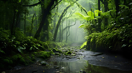 Fototapeta na wymiar Imagine a verdant, lush forest, bathed in the gentle touch of rain. The canopy, dense with vibrant green leaves, drips with fresh raindrops that glisten as they fall. 
