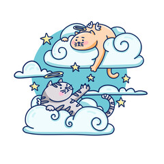 Cute illustration with fluffy angel cat on cloud. Print for children room. Illustration of kitty in sky for textile. Vector