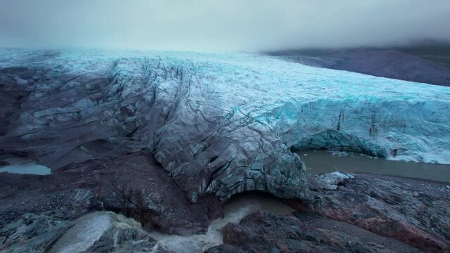 Aerial view of the Russell Glacier near Kangerlussuaq at sunset, view from outside towars the top of the glacier, Qinnguata Kuussua River, Greenland Ice Sheet, icecap, Qeqqata Municipality, Greenland