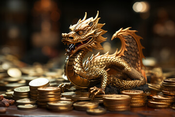 Golden dragon surrounded with golden coins. Wealth and abundance concept. - obrazy, fototapety, plakaty