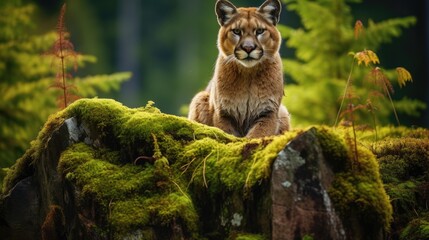 Cougar in the green forest