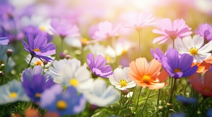 Fototapeta premium Flower field in sunlight, spring or summer garden background