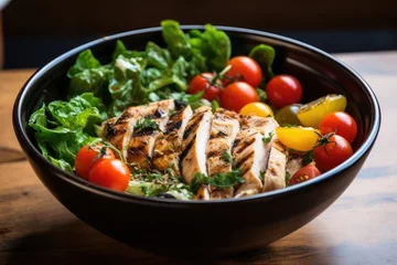 Fotobehang Grilled chicken salad with tomatoes and herbs in a bowl © Lubos Chlubny