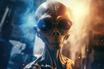 Alien with glasses in smoke