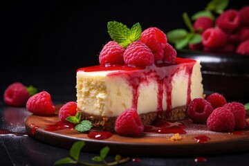 delicious cheesecake with raspberries on top