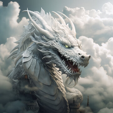 White color dragon on high above the sky with cloud.
