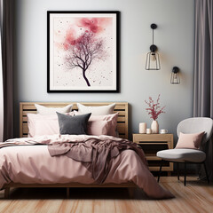 Interior design: comfort bedroom in pale pink colors