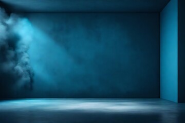 Abstract background with blank dark wall and smoky concrete floor illuminated by blue color. Mockup, 3D rendering