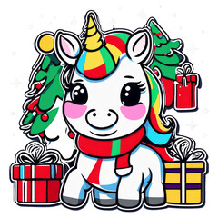 Naklejka premium Cute unicorn horse wearing a Santa hat surrounded by gifts And the Christmas tree is playing with toys.