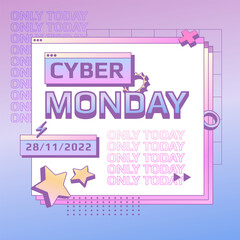 Tempate design cyber monday banner. 90s interface style. Retro design concept.