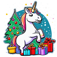 Obraz premium Cute unicorn horse wearing a Santa hat surrounded by gifts And the Christmas tree is playing with toys.