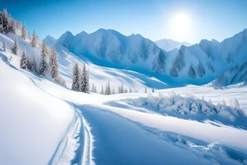 Snow covered hills in winter mountains. Arctic landscape. Colorful outdoor scene, Happy New Year celebration concept.