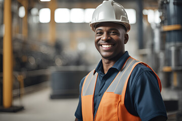 Smiling professional heavy industry black worker in a protective uniform and hard hat. Dispersed large industrial plant. - obrazy, fototapety, plakaty