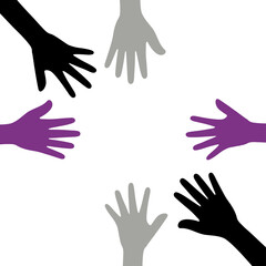 Obraz premium Silhouette of black, grey, white and purple colored hands as the colors of the asexual flag. Flat design illustration. 