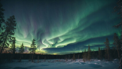 Panorama notturno in Finlandia con l'aurora boreale