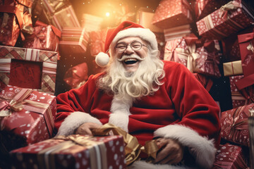 a happy santa with christmas presents surrounds him
