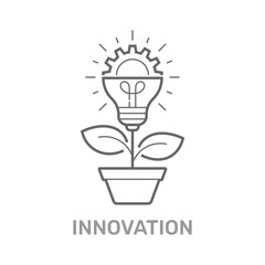 Vector creative concept in line style - light bulb with gear wheel growing from the flower pot. Innovation Idea concept. Technology innovations. Editable Stroke. EPS 10