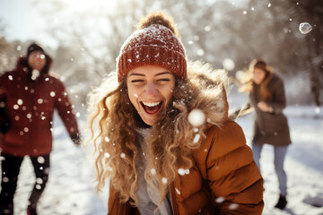 friends having fun in snow - happy friends fighting with snowballs outdoors in winter - lifestyle concept with guys and girls enjoying sunny day - obrazy, fototapety, plakaty