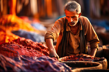 Moroccan tanner working on a sunny morning - obrazy, fototapety, plakaty