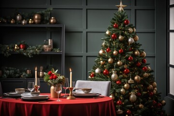 Fototapeta na wymiar Christmas dining table, Christmas decor with a Christmas tree in the background,